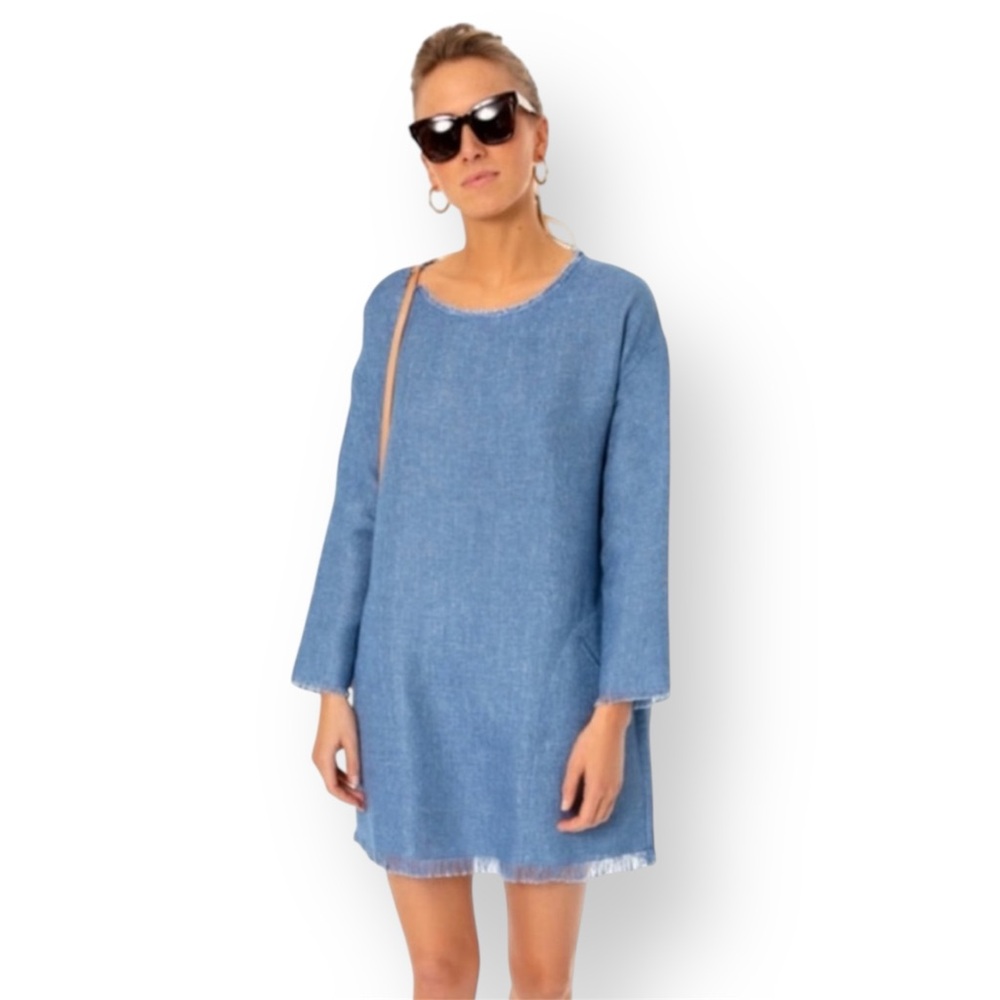 Tuckernuck Chambray Fringe Shift Dress Blue Linen Blend Size Small